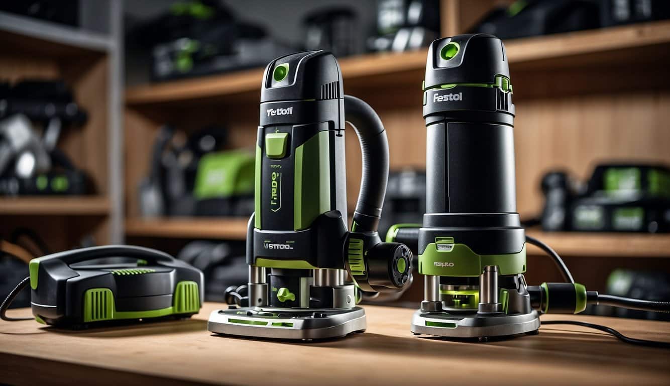 A Festool tool stands tall among other brands, surrounded by glowing reviews, innovative features, and premium materials