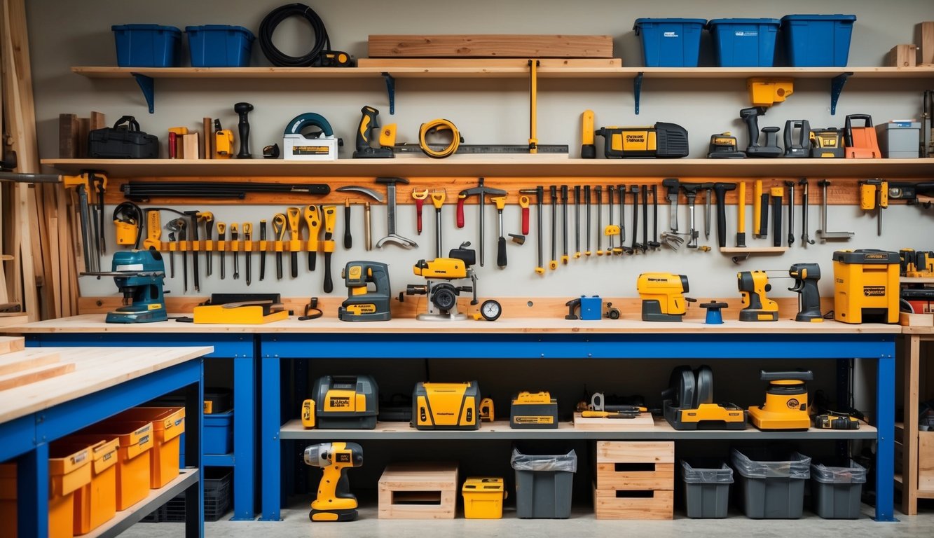 A workshop with various woodworking tools and safety equipment neatly organized on shelves and workbenches