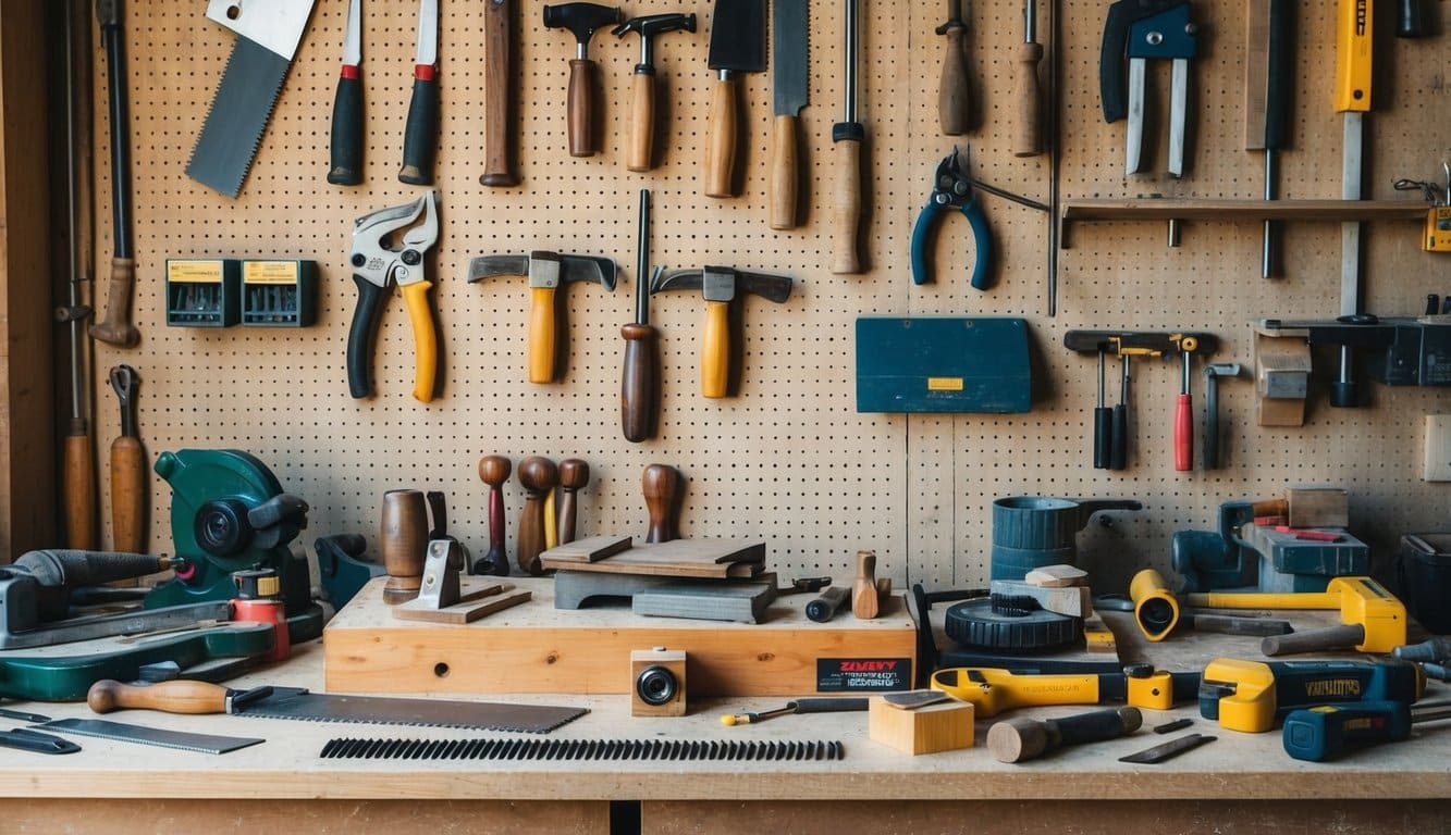 A cluttered workbench with various woodworking tools, including saws, chisels, and clamps, organized neatly on a pegboard wall